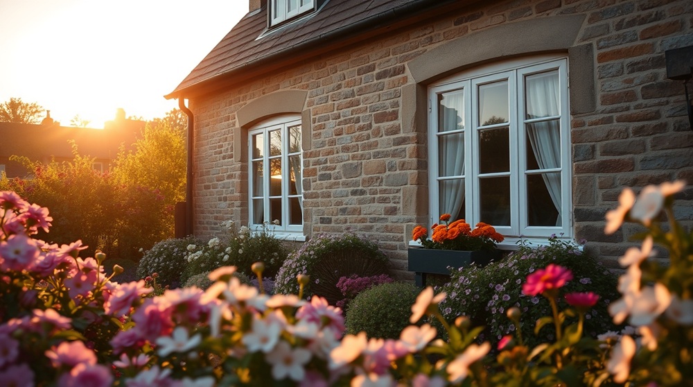 A Lancashire cottage surrounded by blooming flowers, with double-glazed windows reflecting golden-hour sunlight. The image visually represents the benefits of energy-efficient windows in enhancing both the property’s energy performance and visual appeal.