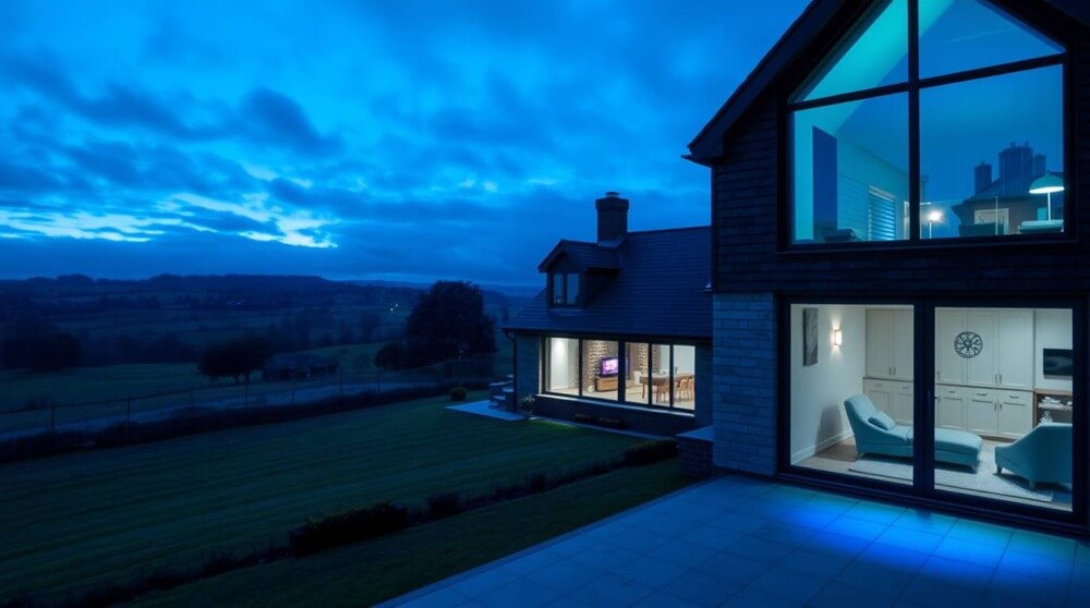 A modern Lancashire home with large, energy-efficient double-glazed windows overlooking the countryside. The image visually complements the topic of energy-efficient double glazing by illustrating its sleek design and insulation benefits.