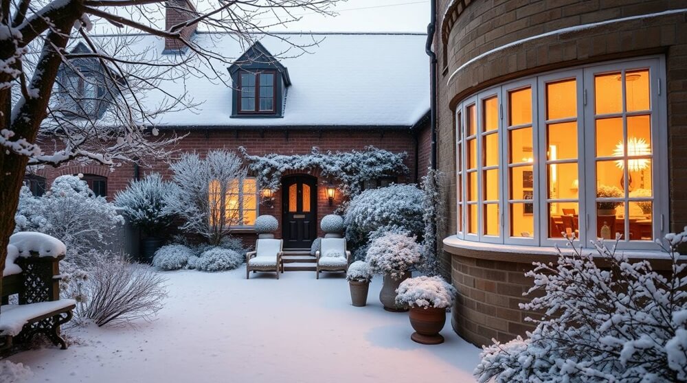 A Lancashire home covered in light snow with warm interior lighting visible through condensation-free, energy-efficient windows. The image emphasises the insulation benefits of modern double glazing in harsh winter conditions.